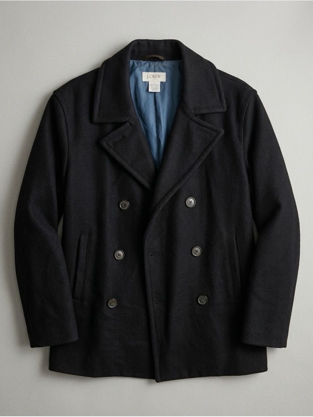 J.Crew Classic Black 100% Wool Double Breasted Peacoat Mens Medium
